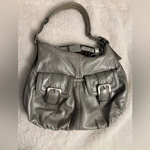Cole Haan Silver Metallic Leather Bag with Front Buckle Pockets